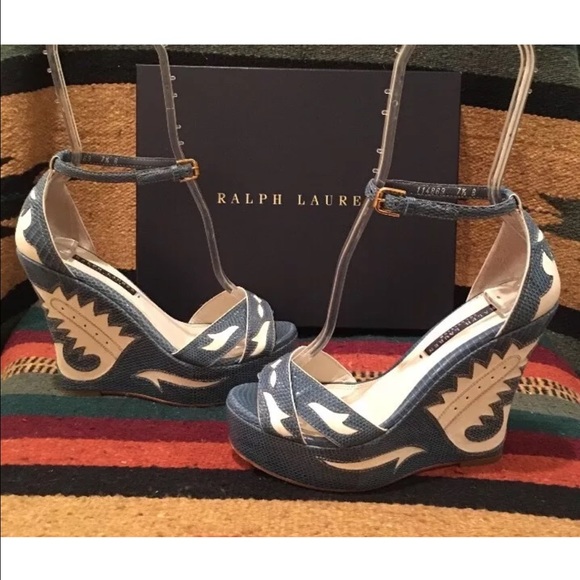 RALPH LAUREN COLLECTION Western Southwestern Style Lizard Skin Leather Wedges - Picture 2 of 12